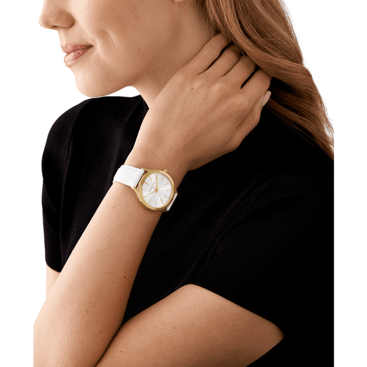 Michael Kors Slim Runway Three-Hand White Leather Watch MK7466