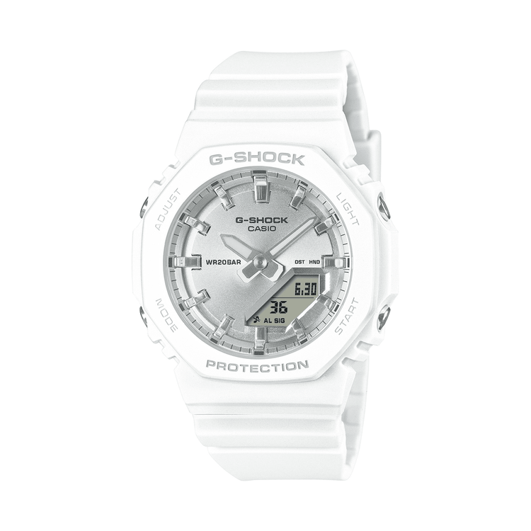 Casio G Shock Mid Duo Island Vaca S/Watch Alarm 200MSilver Face White Resin Band GMAP2100VA-7A
