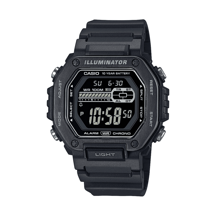 Casio Digital Gents Led Dual Alarm 100M Water Resistant Black Ip Face And Resin Band MWD110HB-1B