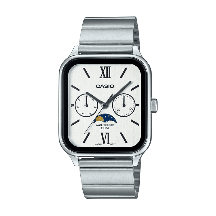 Casio Analogue Moon Phase 50M Water Resistant White & Black Face Stainless Steel Band MTPM305D-7A2