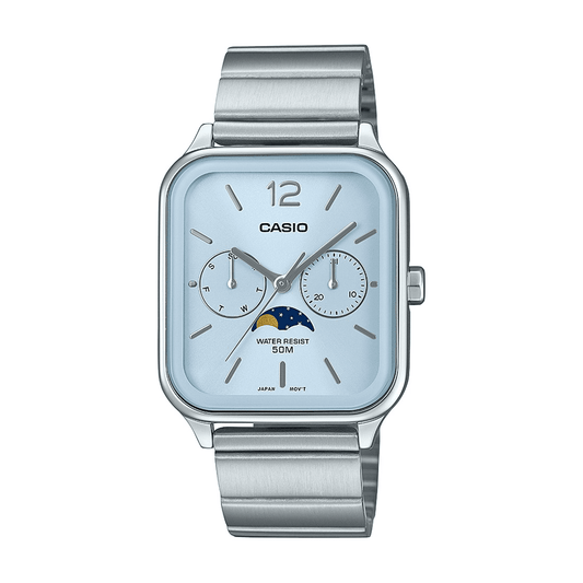 Casio Analogue Moon Phase 50M Water Resistant Pale Blue Face Stainless Steel Band MTPM305D-2A watches item