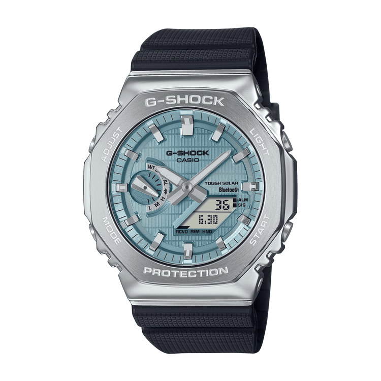 Casio G Shock Duo Metal Covered Solar Bluetooth Worldtime Stopwatch 200M Water Resistant Blue Face And Black Resin Band GBM2100A-1A2