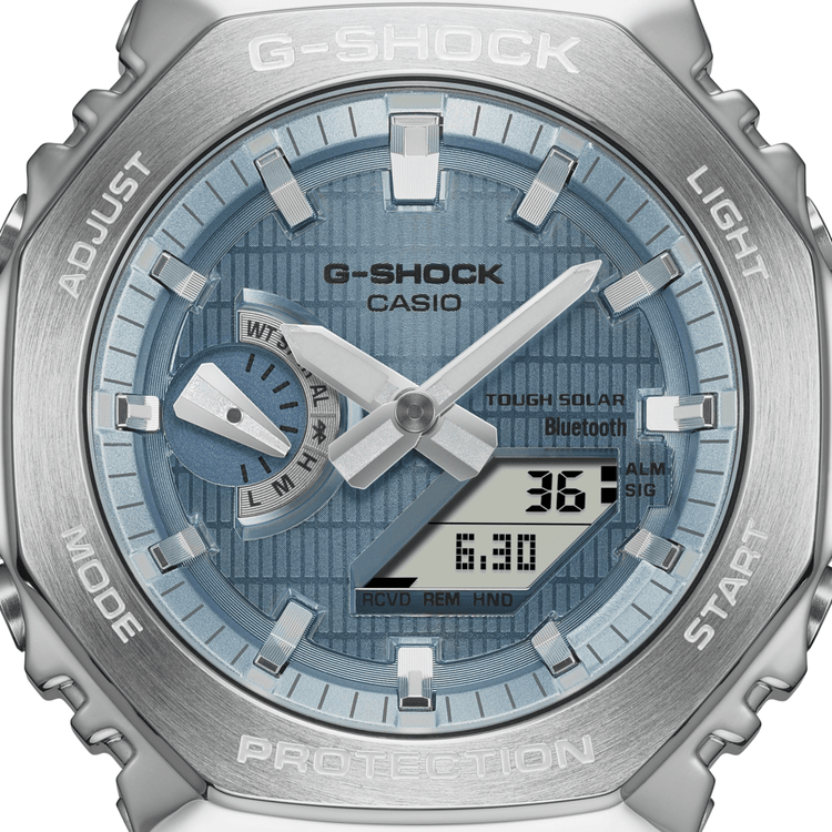 Casio G Shock Duo Metal Covered Solar Bluetooth Worldtime Stopwatch 200M Water Resistant Blue Face And Black Resin Band GBM2100A-1A2