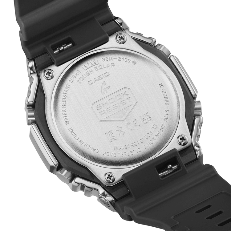 Casio G Shock Duo Metal Covered Solar Bluetooth Worldtime Stopwatch 200M Water Resistant Blue Face And Black Resin Band GBM2100A-1A2