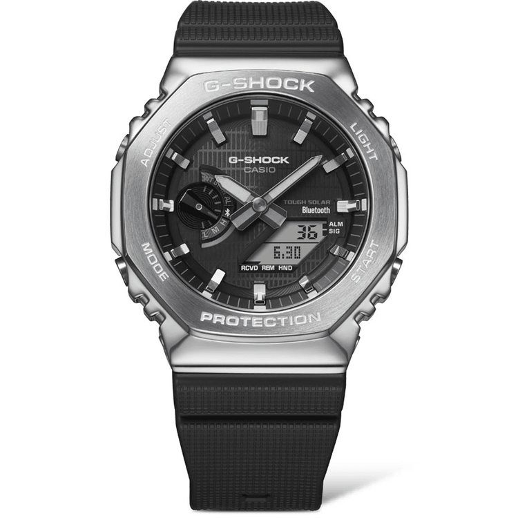 Casio G Shock Duo Metal Covered Solar Bluetooth Worldtime Stopwatch 200M Water Resistant Black Face And Black Resin Band GBM2100-1A