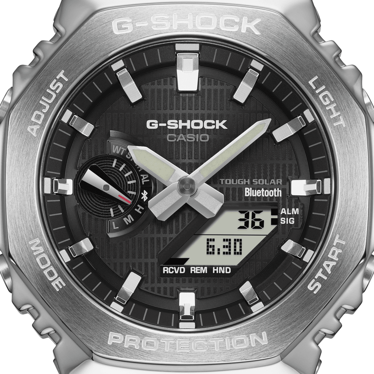 Casio G Shock Duo Metal Covered Solar Bluetooth Worldtime Stopwatch 200M Water Resistant Black Face And Black Resin Band GBM2100-1A