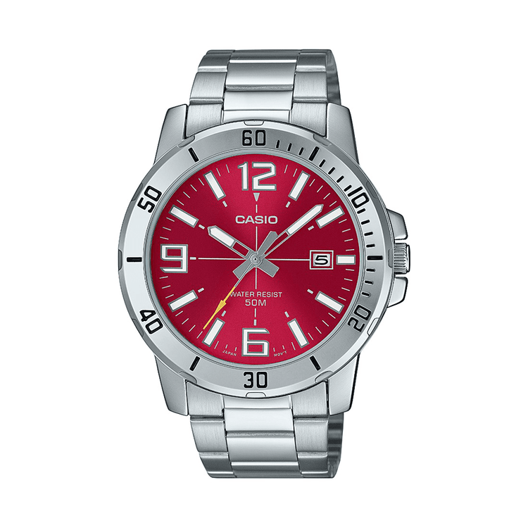 Casio Gent Analogue 50M Water Resistant Red Face Stainless Steel Band MTPVD01D-4B