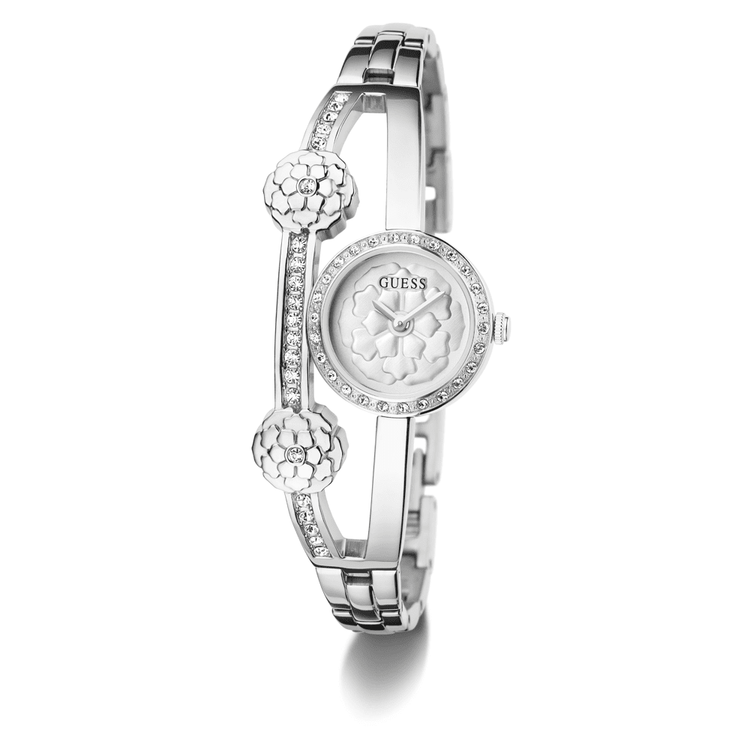 Guess Bejewelled Chloe Bejewelled Silver-Tone Floral Bangle Women's Watch GW0756L1