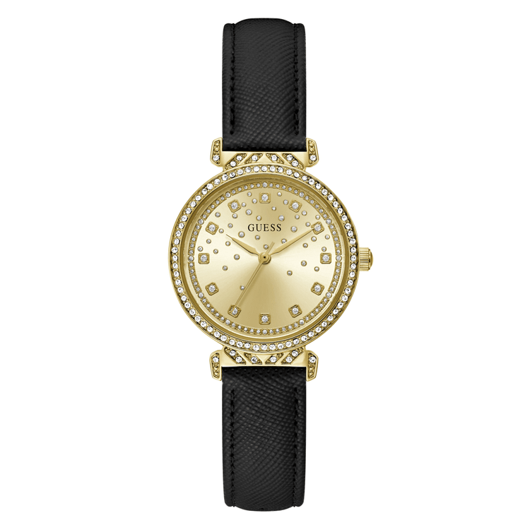 Guess Bejewelled Enchantment Bejewelled Gold-Tone Black Leather Women's Watch GW0764L2