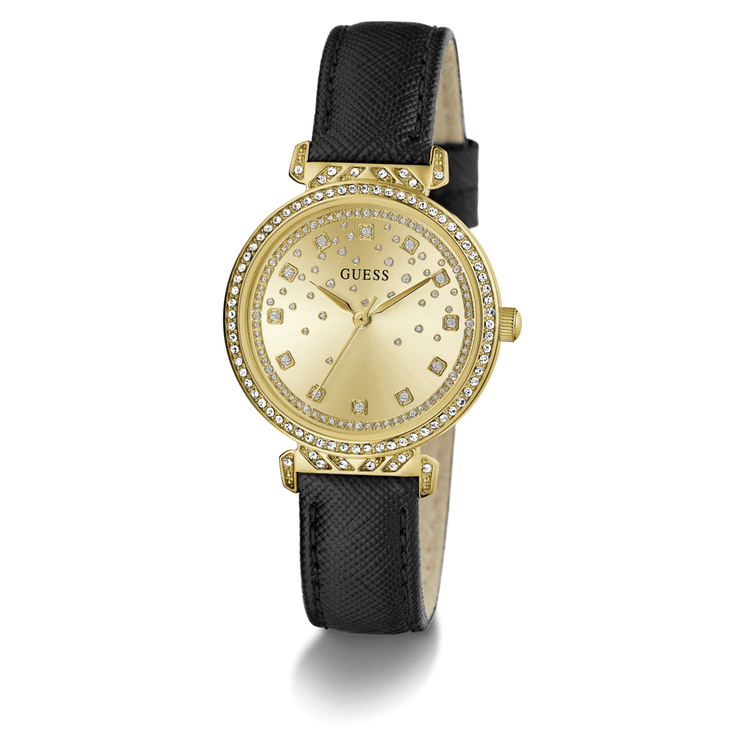 Guess Bejewelled Enchantment Bejewelled Gold-Tone Black Leather Women's Watch GW0764L2