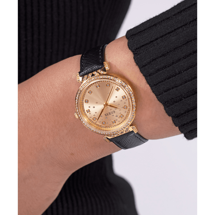 Guess Bejewelled Enchantment Bejewelled Gold-Tone Black Leather Women's Watch GW0764L2