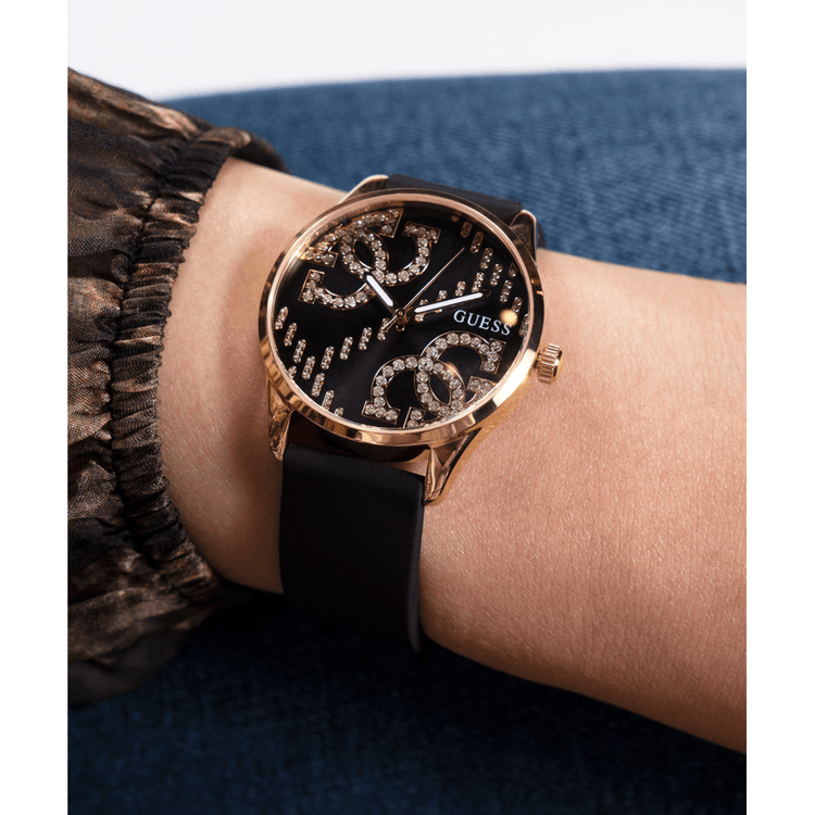 Guess Trend G Stitch Trend Gold-Tone Black Denim Strap Women's Watch GW0755L3