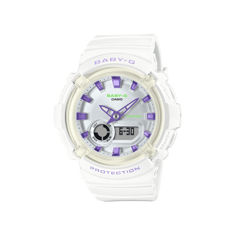 Casio Baby G Duo Dance In Neon Led Worldtime Stopwatch Alarm 100M Water Resistant White W/ Purple Accent Resin BGA280DN-7A