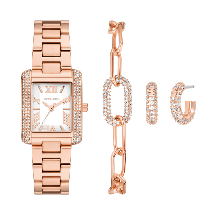 Michael Kors Emery Three-Hand Rose Gold-Tone Stainless Steel Watch, Earrings, and Bracelet Gift Set MK4838SET