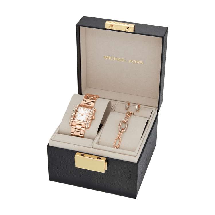 Michael Kors Emery Three-Hand Rose Gold-Tone Stainless Steel Watch, Earrings, and Bracelet Gift Set MK4838SET
