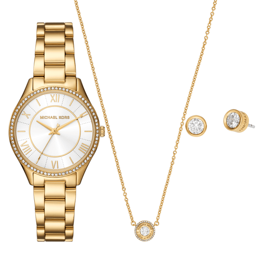 Michael Kors Lauryn Three-Hand Gold-Tone Stainless Steel Watch, Earrings and Necklace Gift Set MK4849SET watches item