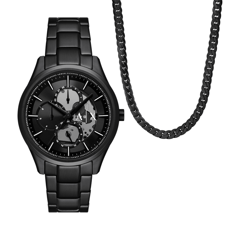 Armani Exchange Multifunction Black Stainless Steel Watch and Necklace Set AX7160SET