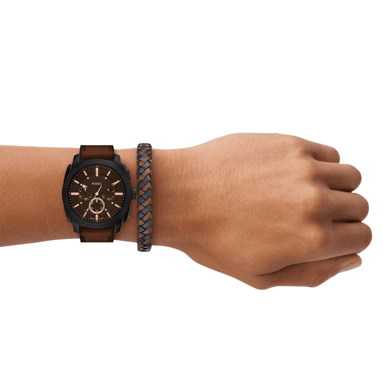 Fossil Machine Chronograph Brown Leather Watch and Bracelet Set FS6102SET