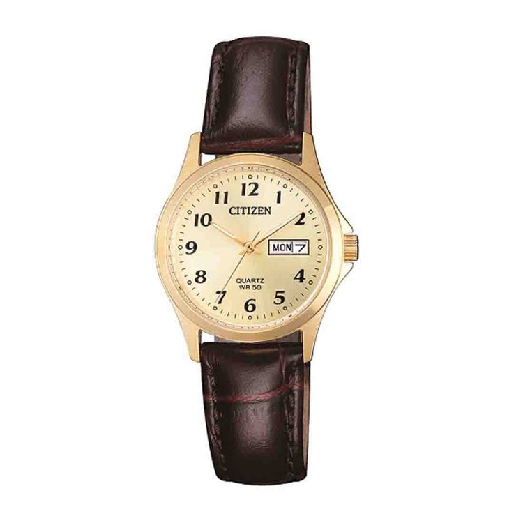 Citizen Ladies Leather Strap Gold Watch Model EQ2002-07P Watches Citizen