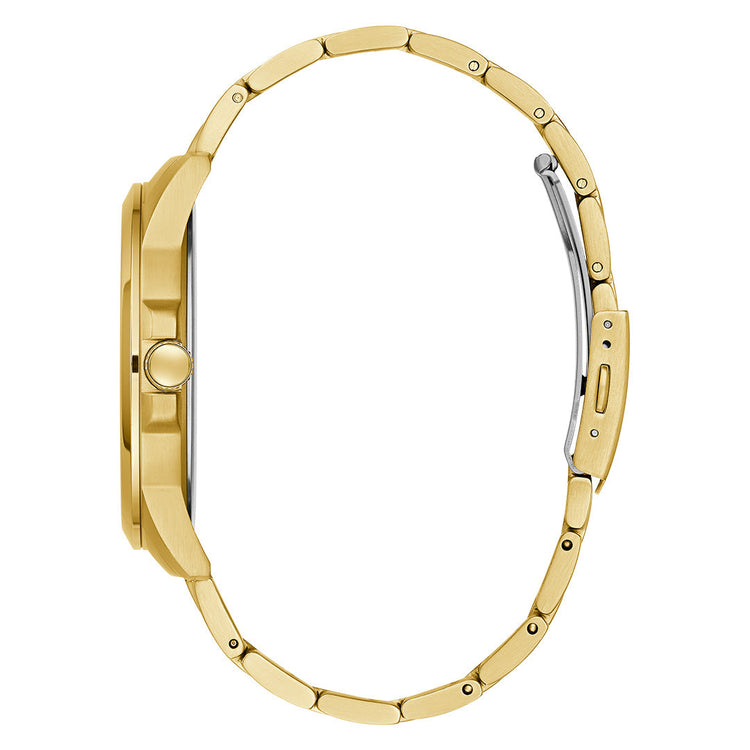 Guess Equity Brushed Gold Tone Case With Polished Gold Tone Bezel With Sunray Green Multifunction Dial And Brushed And Polished Gold Tone Bracelet GW0703G2