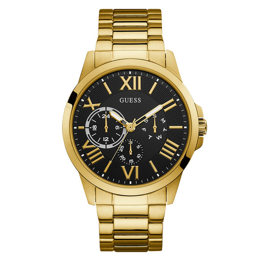 Guess Equity Brushed Gold Tone Case With Polished Gold Tone Bezel With Sunray Green Multifunction Dial And Brushed And Polished Gold Tone Bracelet GW0703G2