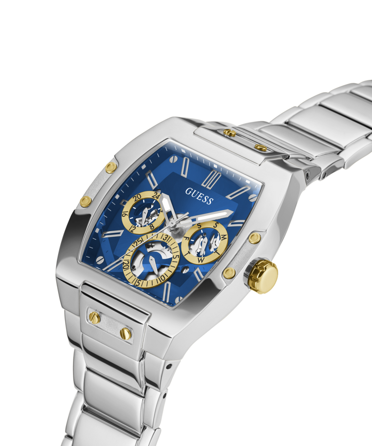 Guess Phoenix Polished Silver Tone Case Sunray Blue Cut Thru Multifunction Dial And Polished Silver Tone Bracelet GW0456G5