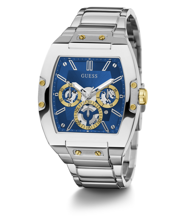 Guess Phoenix Polished Silver Tone Case Sunray Blue Cut Thru Multifunction Dial And Polished Silver Tone Bracelet GW0456G5