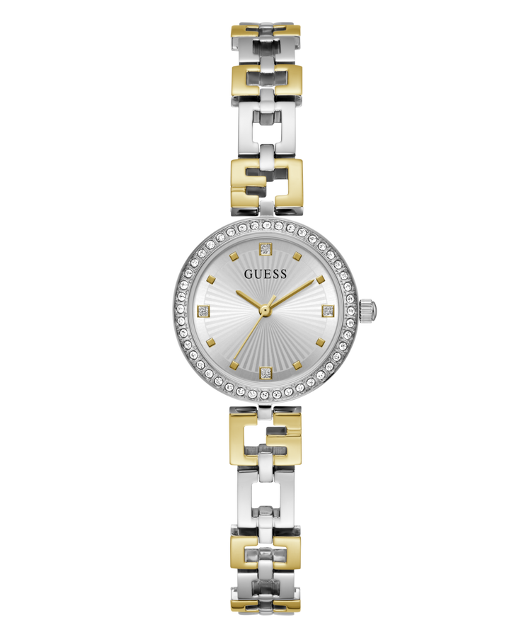 Guess Lady G Polished Silver Tone Case With Crystals Sunray Silver Dial And Polished Silver And Gold Tone Logo Bracelet With Adjustable G Links GW0656L1