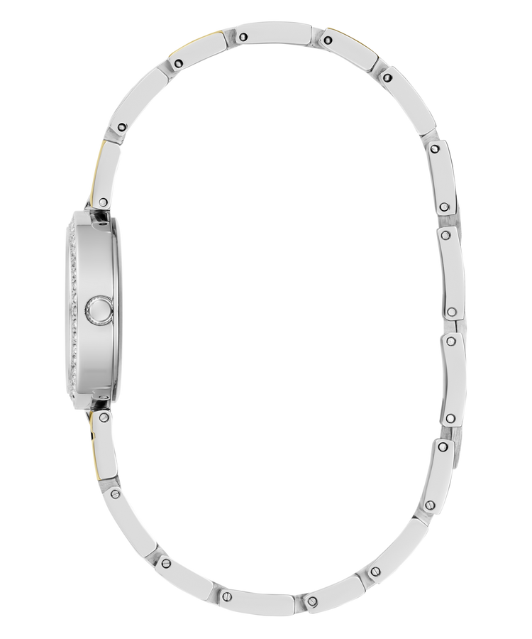 Guess Lady G Polished Silver Tone Case With Crystals Sunray Silver Dial And Polished Silver And Gold Tone Logo Bracelet With Adjustable G Links GW0656L1