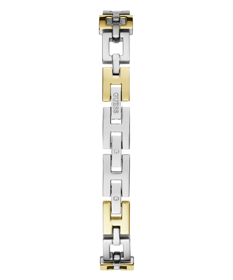 Guess Lady G Polished Silver Tone Case With Crystals Sunray Silver Dial And Polished Silver And Gold Tone Logo Bracelet With Adjustable G Links GW0656L1