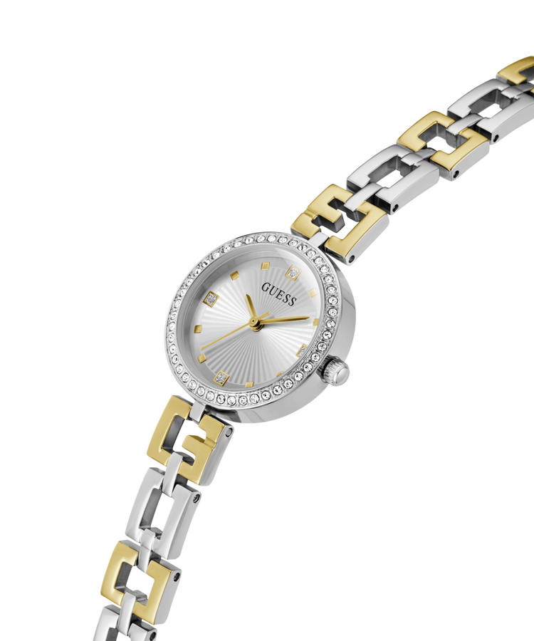 Guess Lady G Polished Silver Tone Case With Crystals Sunray Silver Dial And Polished Silver And Gold Tone Logo Bracelet With Adjustable G Links GW0656L1
