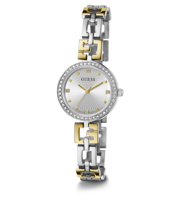 Guess Lady G Polished Silver Tone Case With Crystals Sunray Silver Dial And Polished Silver And Gold Tone Logo Bracelet With Adjustable G Links GW0656L1