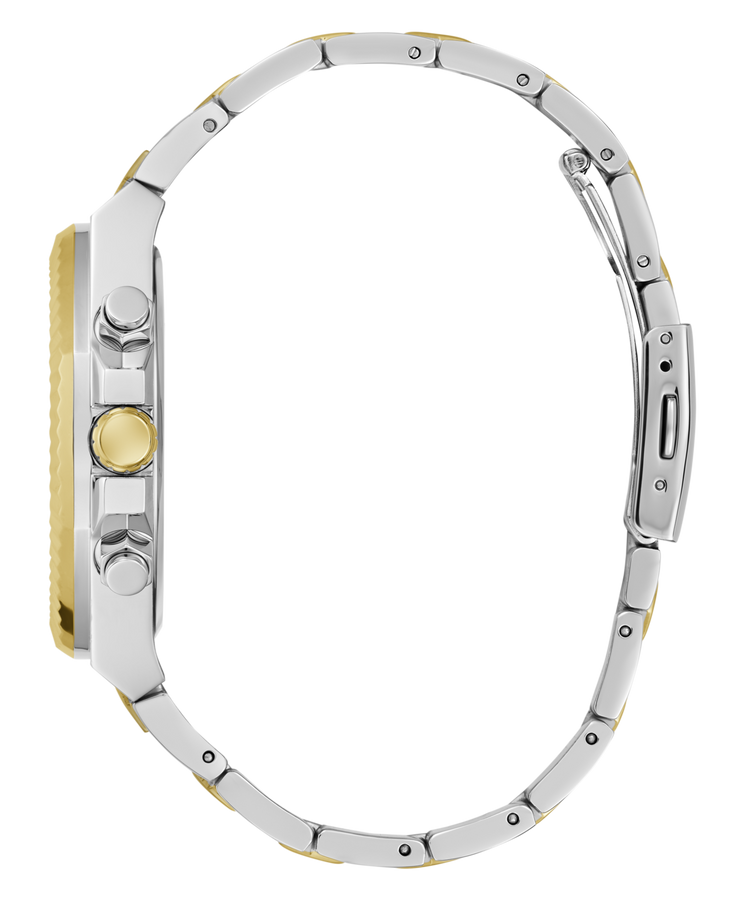 Guess Equity Brushed Silver Tone Case With Polished Gold Tone Bezel With Sunray Glacial Blue Multifunction Dial And Brushed And Polished Two Tone Bracelet GW0703G3