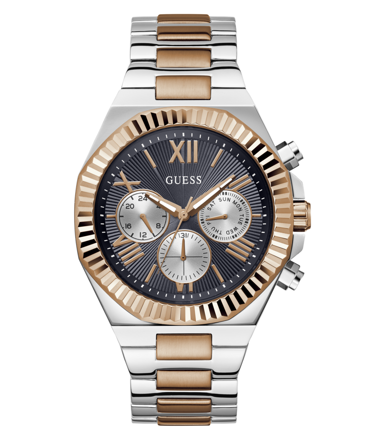 Guess Equity Brushed Silver Tone Case With Polished Rose Gold Tone Bezel With Sunray Navy Multifunction Dial And Brushed And Polished Two Tone Bracelet GW0703G4