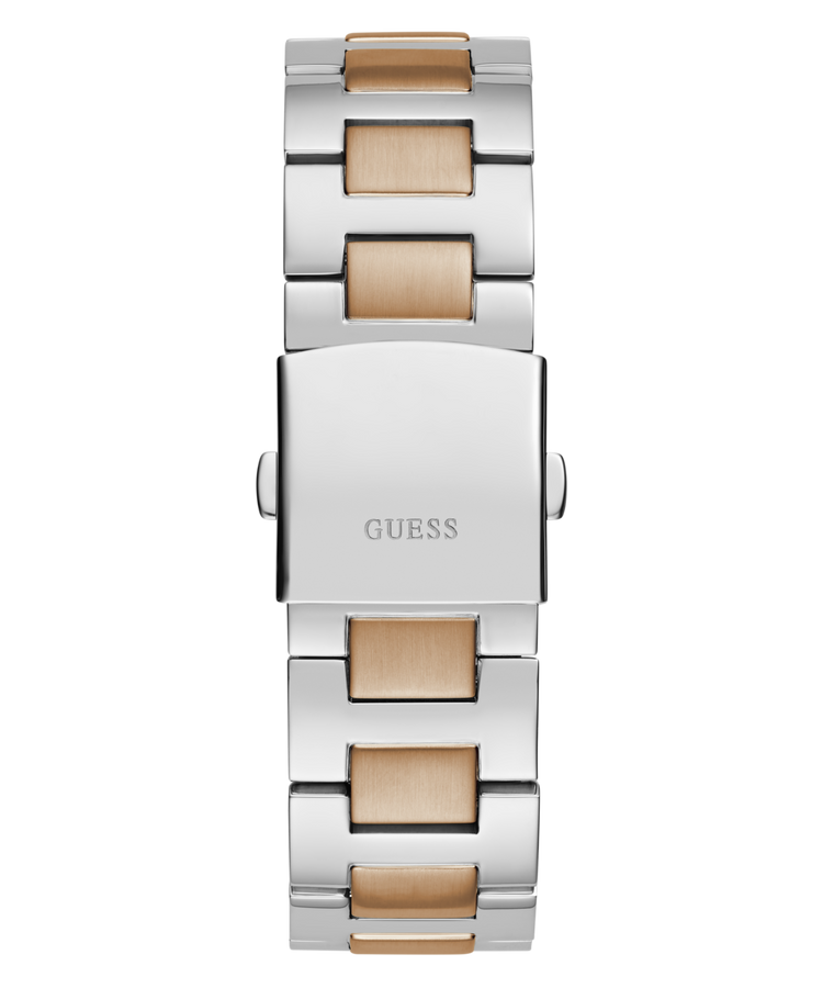 Guess Equity Brushed Silver Tone Case With Polished Rose Gold Tone Bezel With Sunray Navy Multifunction Dial And Brushed And Polished Two Tone Bracelet GW0703G4