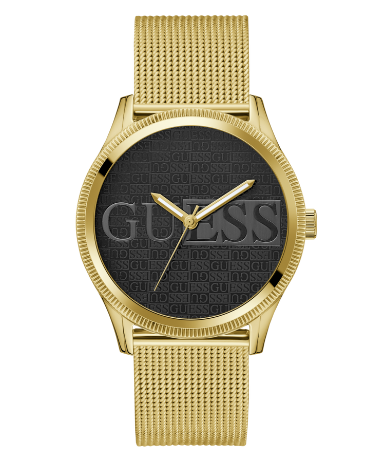 Guess Reputation Polished Gold Tone Case Sunray Black Logo Dial With Polished Gold Tone Mesh Bracelet GW0710G2