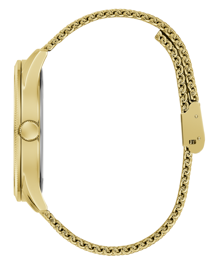 Guess Reputation Polished Gold Tone Case Sunray Black Logo Dial With Polished Gold Tone Mesh Bracelet GW0710G2