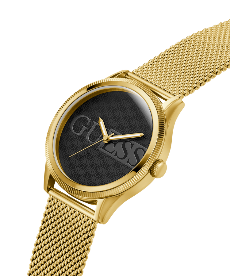 Guess Reputation Polished Gold Tone Case Sunray Black Logo Dial With Polished Gold Tone Mesh Bracelet GW0710G2