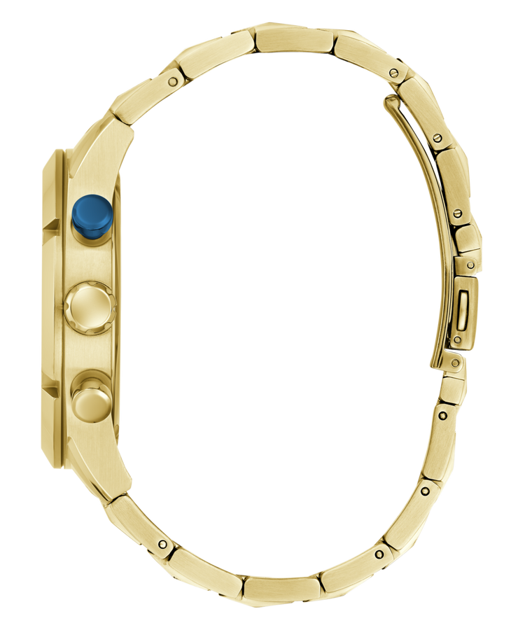 Guess Resistance Brushed Gold Tone Case With Polished Gold Tone Bezel Sunray Blue Multifunction With A Brushed And Polished Gold Tone Bracelet GW0714G2
