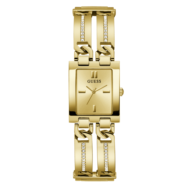 Guess Mod Id Polished Gold Tone Case Sunray Champagne Dial And Polished Gold Tone Bracelet With Crystals And Adjustable G Links GW0668L2