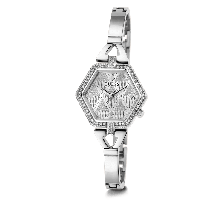 Guess Audrey Polished Silver Tone Case With Crystals Sunray Silver Glitz Dial And Polished Silver Tone Bracelet With Adjustable G Links GW0680L1