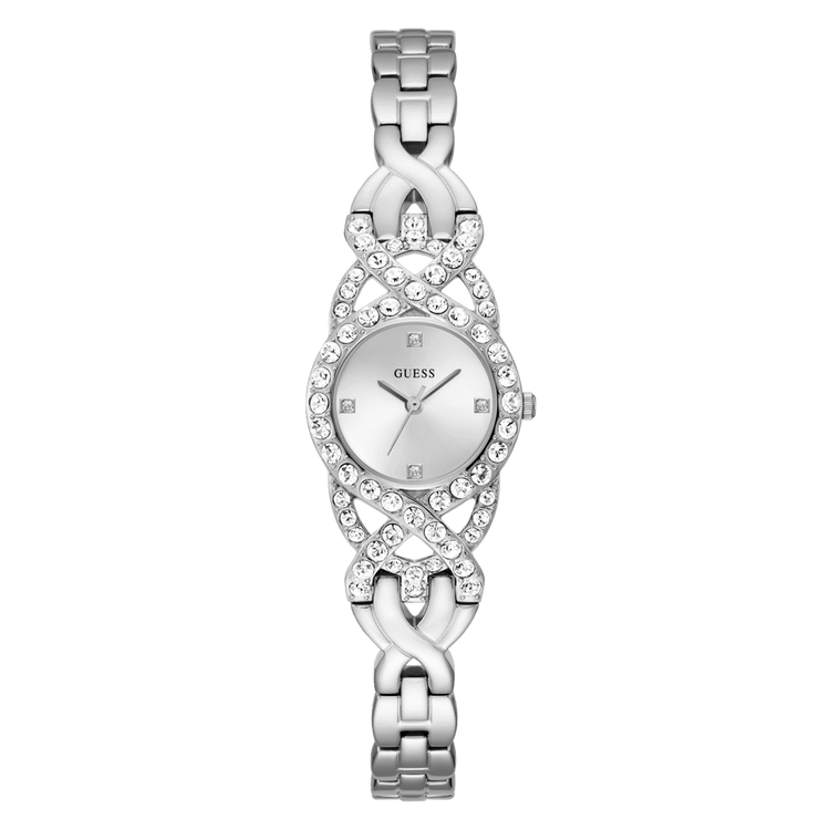 Guess Adorn Polished Silver Tone Case With Crystals Sunray Silver Dial And Polished Silver Tone Bracelet With Adjustable G Links GW0682L1