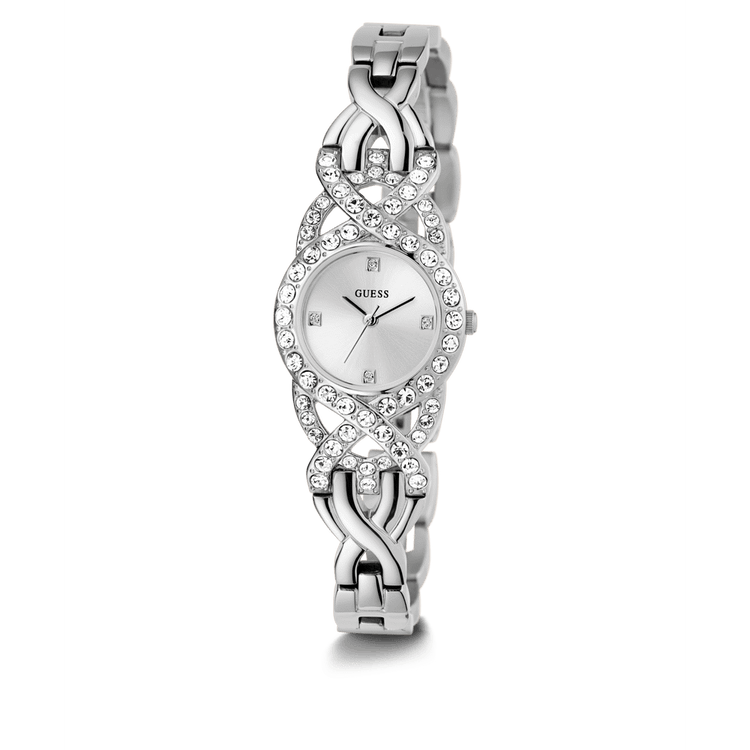 Guess Adorn Polished Silver Tone Case With Crystals Sunray Silver Dial And Polished Silver Tone Bracelet With Adjustable G Links GW0682L1