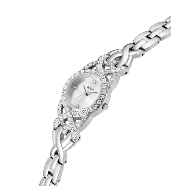 Guess Adorn Polished Silver Tone Case With Crystals Sunray Silver Dial And Polished Silver Tone Bracelet With Adjustable G Links GW0682L1