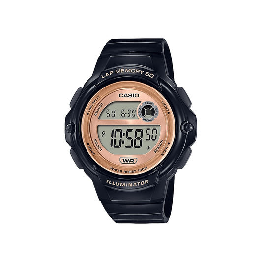 Casio Ladies Digital Lap 60 100M W/R Lap Memory Alarm BlkRose Gold Resin Band LWS1200H-1A watches item