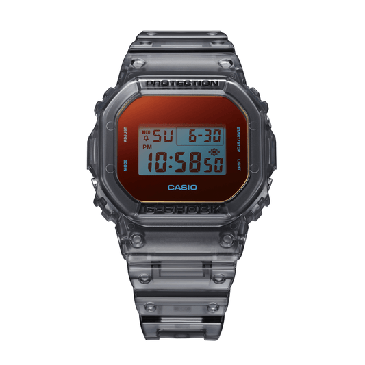 Casio G Shock Dig Beach Time Lapse Stopwatch Alarm 200M Water Resistant Red/Blue Face Blk Trsprt Resin DW5600TLS-8D watches item