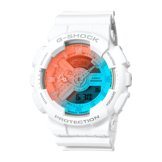 Casio G Shock Duo Beach Time Lapse Stopwatch World Time Alarm 200M Water Resistant Blue/Pink Face White Resin Band GA110TL-7A watches item