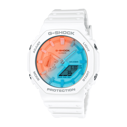 Casio G Shock Duo Beach Time Lapses Stopwatch World Time Alarm 200M Water Resistant Blue/Pink Face White Resin Band GA2100TL-7A watches item