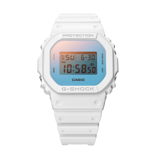 Casio G Shock Dig Beach Time Lapse Stopwatch Alarm 200M Water Resistant Blue/Pink Face White Resin Band DW5600TL-7D watches item