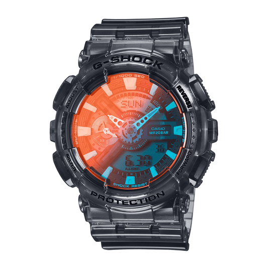 Casio G Shock Duo Beach Time Lapse Stopwatch World Time Alarm 200M Water Resistant Red/Blue Face Blk Trsprt Resin GA2100TLS-8A watches item